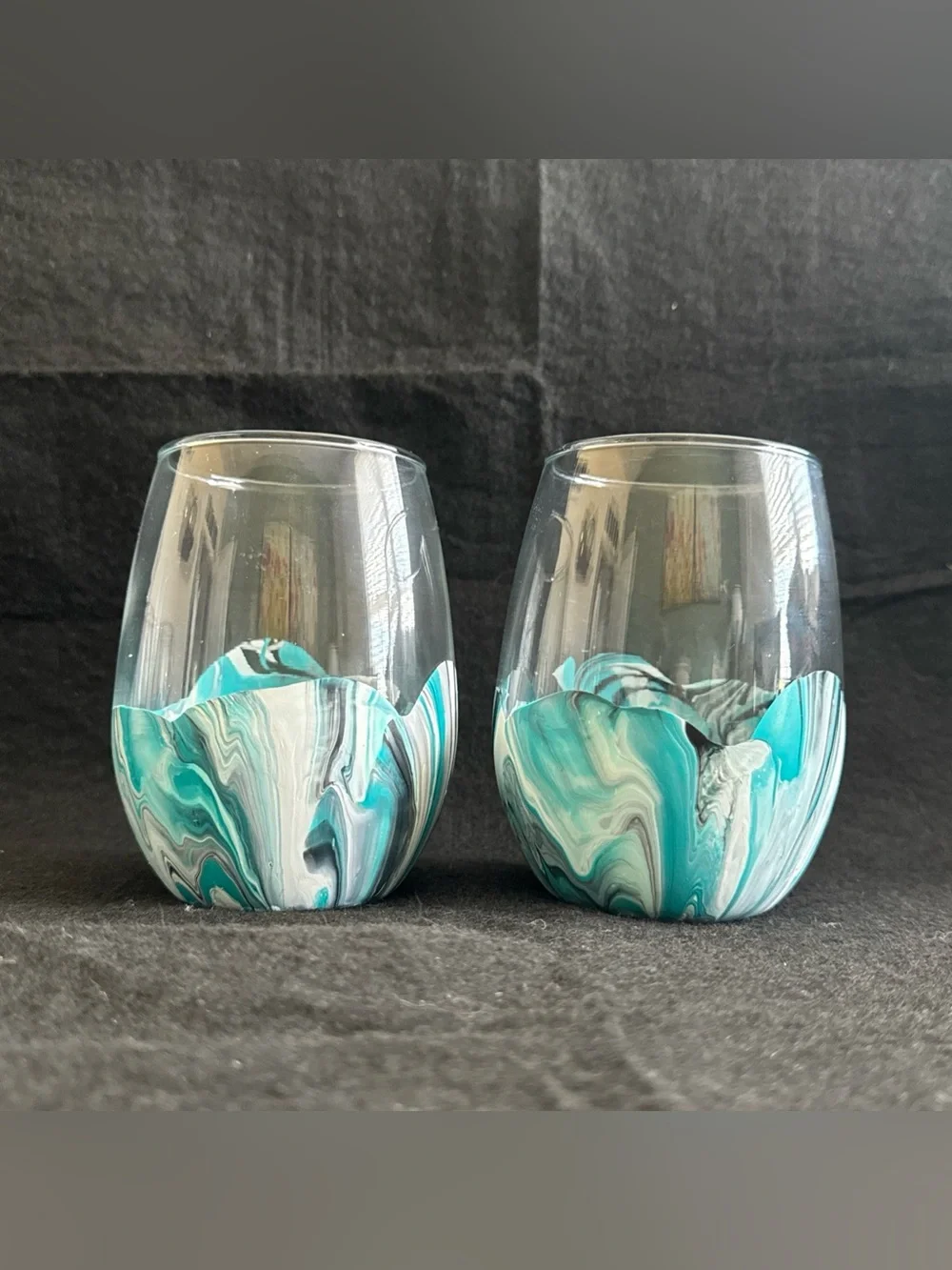 Water Marbled Stemless Wine Glasses Set Of 4 Handmade Unique Turquoise White
